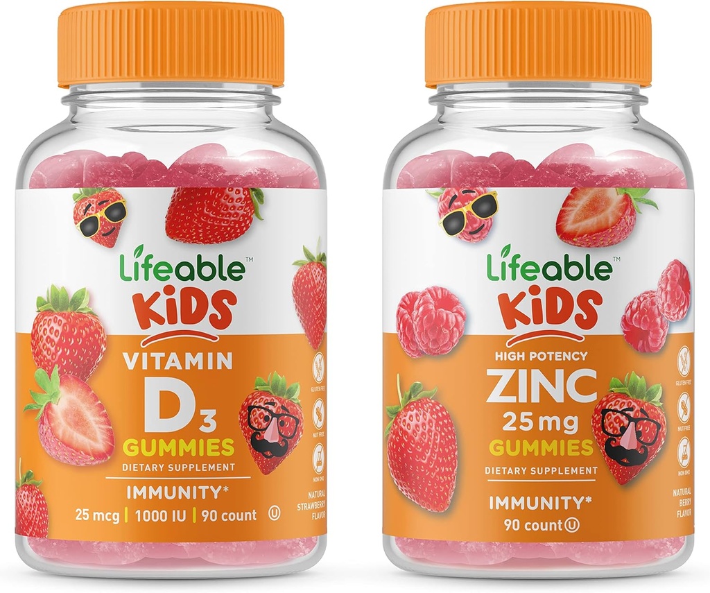 Lifeable Zinc 25mg Kids + Vitamin D Kids, Gummies Bundle - Great Tasting, Vitamin Supplement, Gluten Free, GMO Free, Chewable Gummy