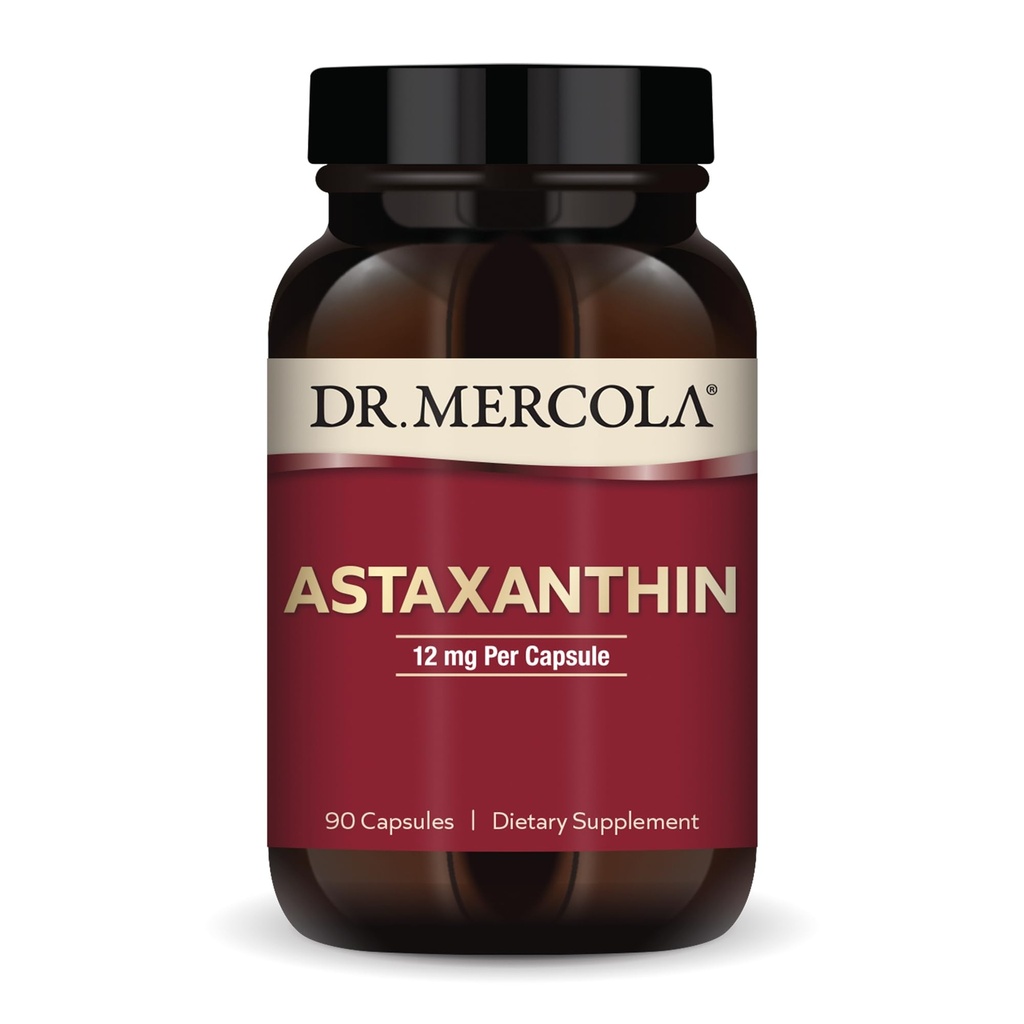 Dr. Mercola Organic Astaxanthin - 12 mg Ασταξανθίνη - Ισχυρή Αντιοξειδωτική Υποστήριξη - Βιολογικό εκχύλισμα μικροφύκων - Μη ΓΤΟ, Χωρίς γλουτένη & Χωρίς σόγια - 90 κάψουλες (90 Σερβιέτες)