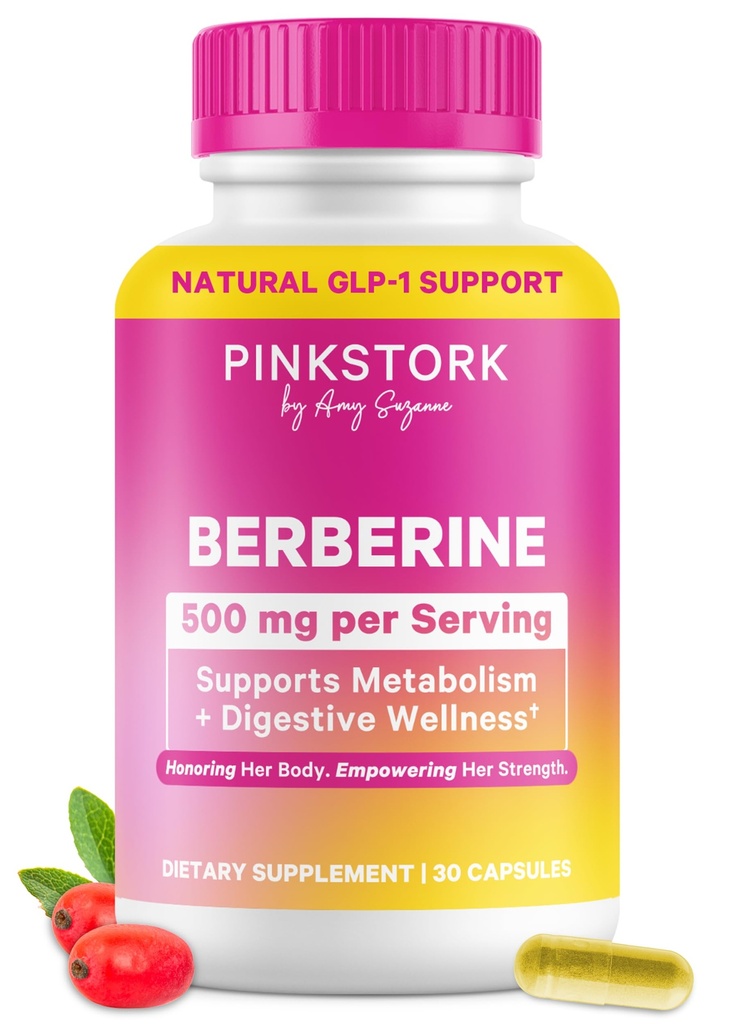 Pink Stork Berberine 500mg - Συμπλήρωμα GLP-1 της φύσης - Καθημερινή AMPK Μεταβολικός ενεργοποιητής - 500- 1000 mg Μεταβολισμός + Υγεία των ορνίθων για τις γυναίκες 