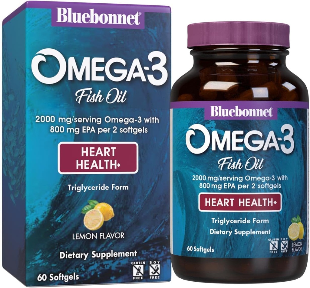 Bluebonnet Διατροφή Omega-3 Φόρμουλα καρδιάς Φυσικό Άγριο Καρφωμένο Τριγλυκερίδιο μορφή DHA 600 mg EPA 800 mg - Υψηλής πυκνότητας συμπλήρωμα υποστήριξης καρδιάς - Χωρίς γλουτένη - 60 Softgel