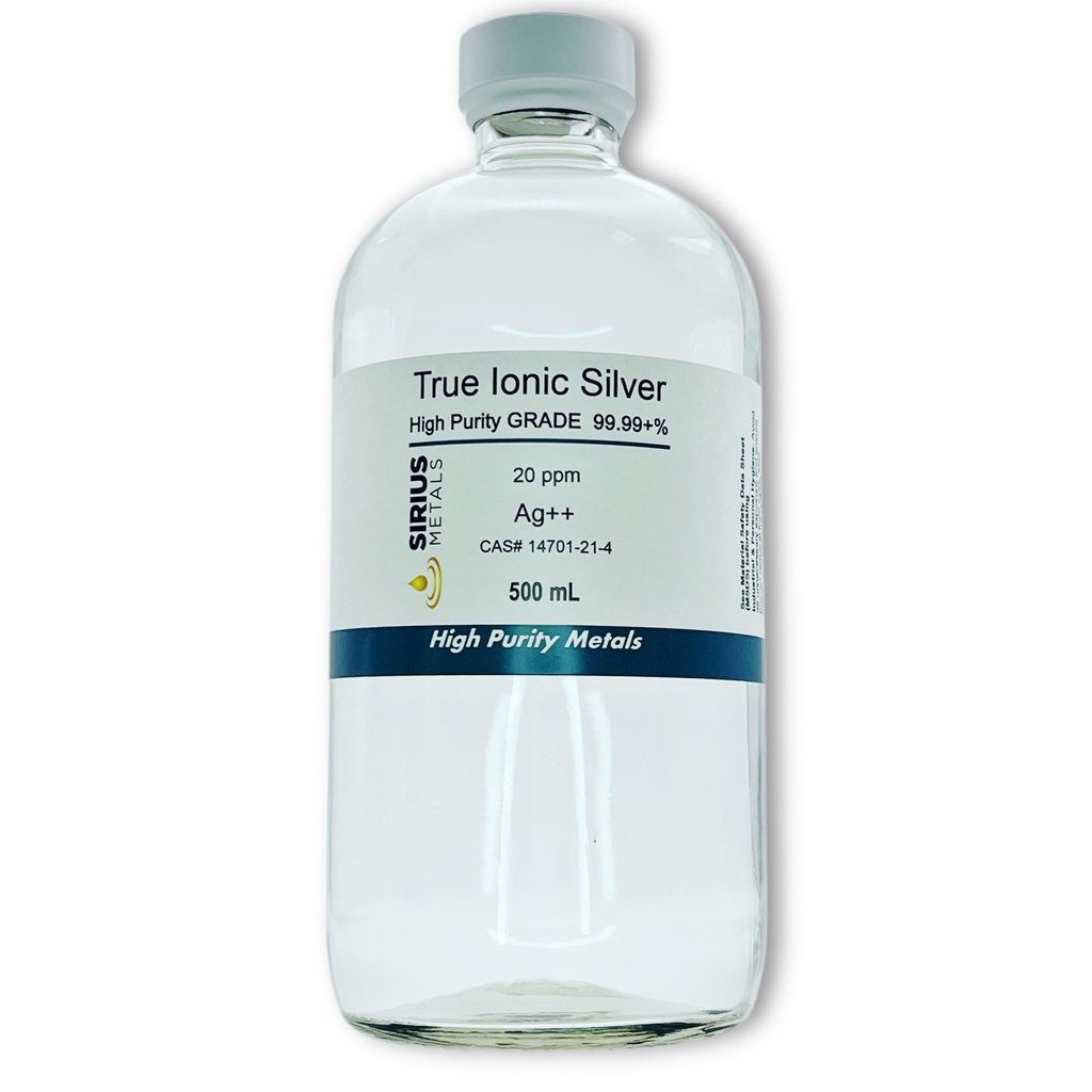 Αληθινό δωρεάν ιωνικό ασήμι - 20 ppm: 500mL σε σαφές γυάλινο μπουκάλι
