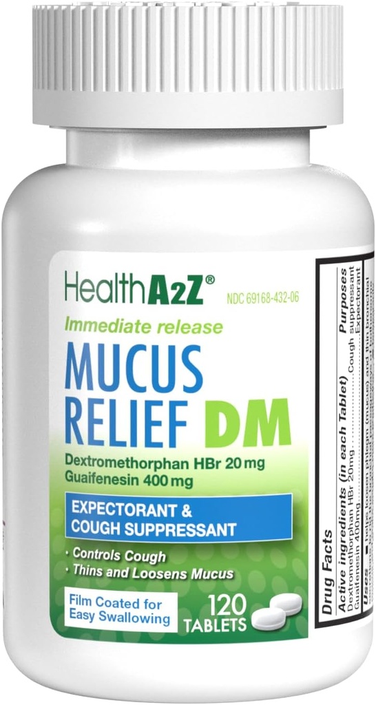 HealthA2Z® Mucus Relief DM | Dextromethorphan HBr 20mg | Guaifenesin 400mg | No Benzene | Cough, Immediate Release, Uncoated (120 Count (Pack of 1))