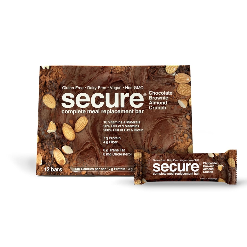 ANDREW LESSMAN Secure Complete Meal Replacement Bars - Σοκολάτα Brownie Almond Crunch - 12 ct box - 7g Πρωτεΐνη. 11 Βιταμίνες συν Ίνες Ινουλίνης. Χαμηλή θερμίδα. Γλουτένη και χωρίς γαλακτοκομικά, Vegan, μη ΓΤΟ