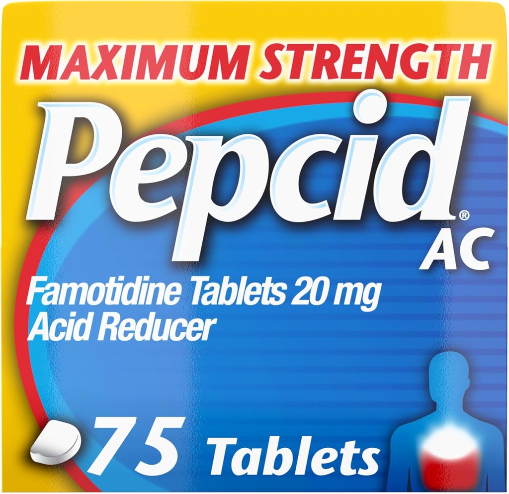 Pepcid AC Maximum Strength Heartburn Relief Tablets, OTC Medicine Αποτρέπει & Ανακουφίζει Heartburn Λόγω της οξείας δυσπεψίας, 20mg Famotidine Acid Reducer, ταχείας δράσης, 75 Ct