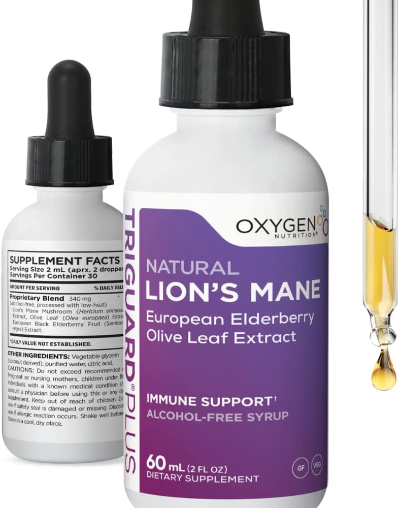 TriGuard Plus Lions Mane - Lions Mane Nootropic, Olive Leaf, Elderberry Extract Liquid Tincture 2 fl oz | Mental Clarity, Focus, Memory, Immune Support & Energy | Alcohol-Free, Non-GMO, Made in USA