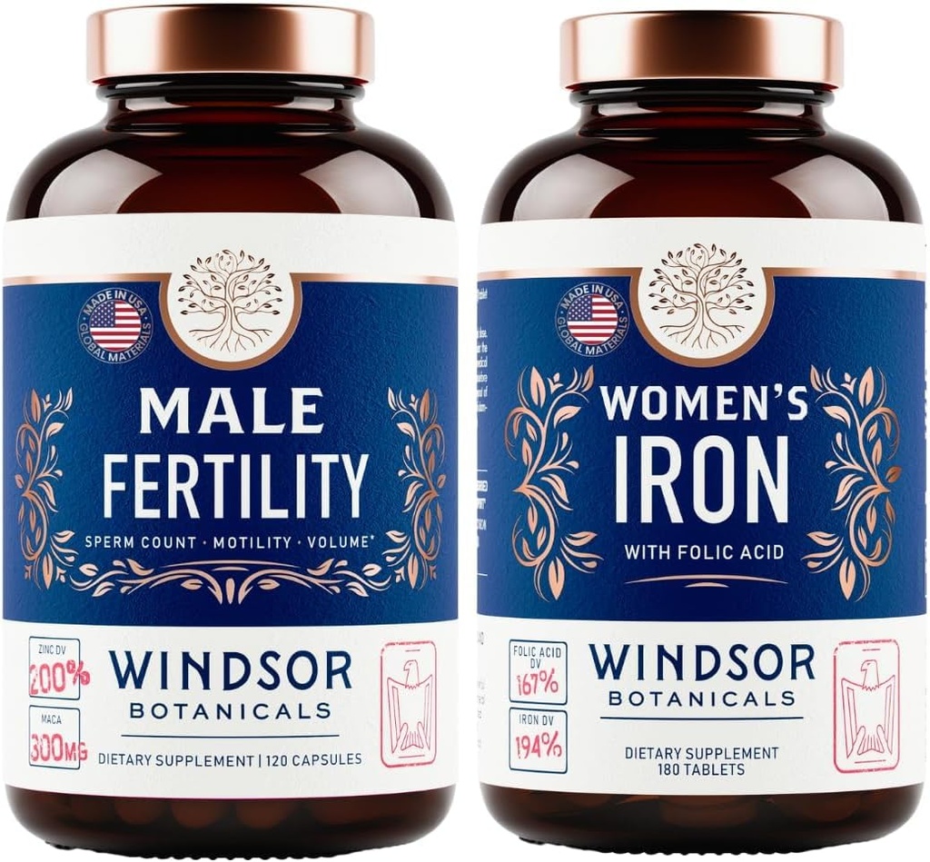 WINDSOR BOTANICALS Male Fertility Supplement and Iron Pills with Folic Acid - Fertility and Prenatal Bundle
