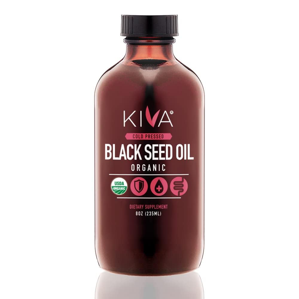 Βιολογικό Λάδι Μαύρου Σπόρου Kiva - Ultra High 3X Thymoquinone (TQ), Ψυχρό-Pressed, 100% Τουρκικό Λάδι Σπόρων Nigella Sativa, Όλα-Φυσικά Μη-ΓΤΟ συμπλήρωμα - Vegan, 8 oz (235 ml) Γυάλινο Μπουκάλι
