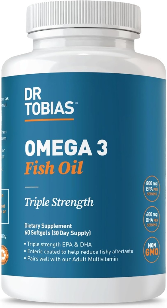 Dr. Tobias Omega 3 Fish Oil, 2000mg Triple Strength with 800mg EPA 600mg DHA Per Serving, Fish Oil Omega 3 Supplements for Heart, Brain & Immune Support, 60 Softgels, 30 Servings