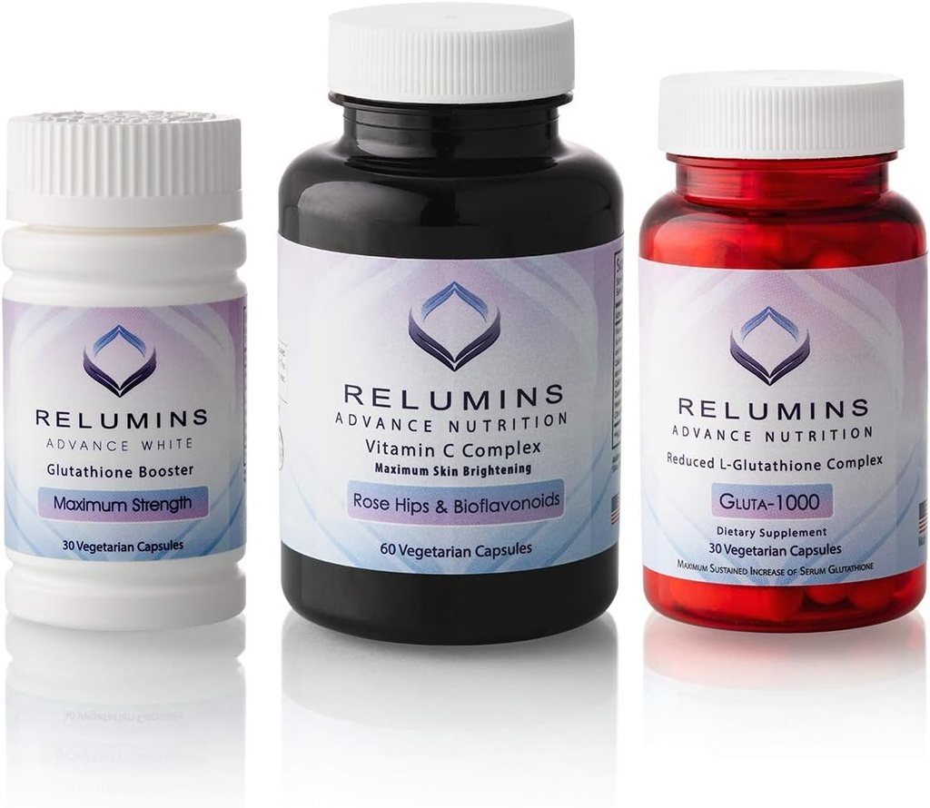 Relumins Advance Nutrition 3-Bottle Supplement Set – Γλουτένη 1000 με Μειωμένη L-Γλουταθειόνη, Βιταμίνη C MAX, Ανοσολογική λειτουργία & Συνολική ευεξία – Vegan, Haal, Kosher, cGMP Certified