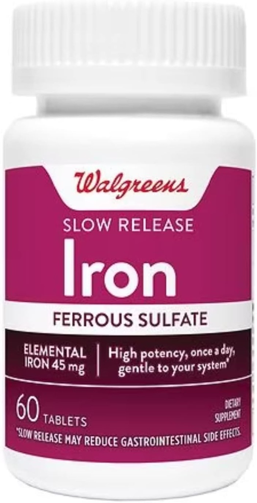 Σιδήρου αργή απελευθέρωση υψηλής ισχύος Ferrous Sulfate 45mg, δισκία, 60 ea