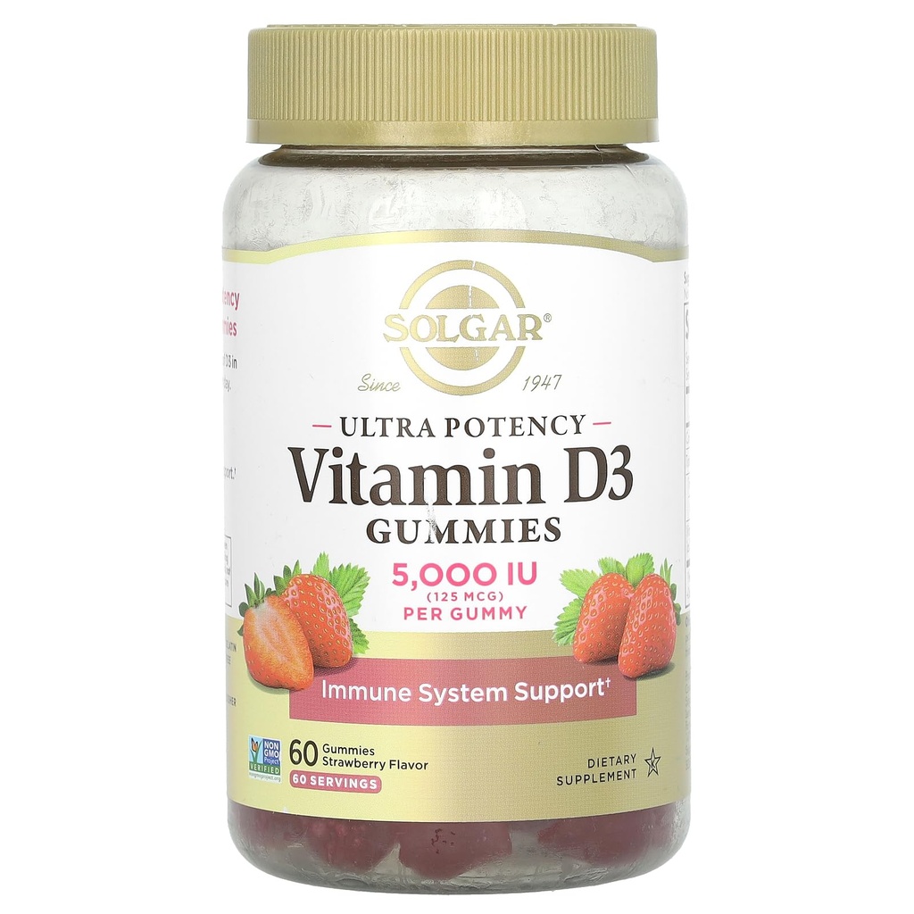 Solgar Vitamin D3 Gummies for Adults 5,000IU Ultra Potency Vitamin Immune System Support for Women & Men - Νόστιμο άρωμα φράουλας, γλουτένης & ζελατίνης Free Gummy, 2μηνη προσφορά, 60 υπηρεσίες, 2g ζάχαρη