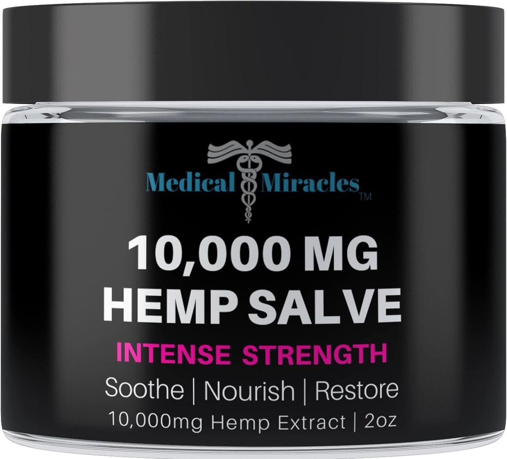 Ιατρικά θαύματα Hemp Salve Έντονη δύναμη 10.000 MG. Ιδανικό για HIPs, αρθρώσεις, λαιμό, πλάτη, αγκώνες, δάχτυλα, χέρια και γόνατα. 100% Φυσικό - Περήφανα Κατασκευασμένο στις ΗΠΑ
