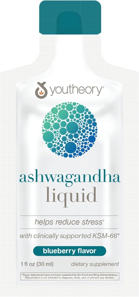 Youtheory Ashwagandha Liquid - Χρησιμοποιεί το οργανικό KSM-66 - Herbal Blend για να υποστηρίξει τα ενεργειακά επίπεδα & το στρες Relief* - 12 πακέτα ενιαίας εξυπηρέτησης (12-Day Supply)