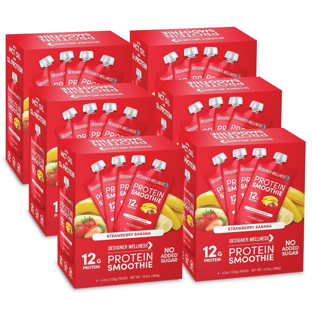 Σχεδιαστής Wellness Protein Smoothie, Αληθινά Φρούτα, Πρωτεΐνη 12g, Χαμηλή Καρβίδα, Μηδέν Προστιθέμενη Ζάχαρη, Χωρίς Γλουτένη, Μη ΓΤΟ, Χωρίς Τεχνητά Χρώματα ή Γεύσεις, Μπανάνα Φράουλα, 24 Count