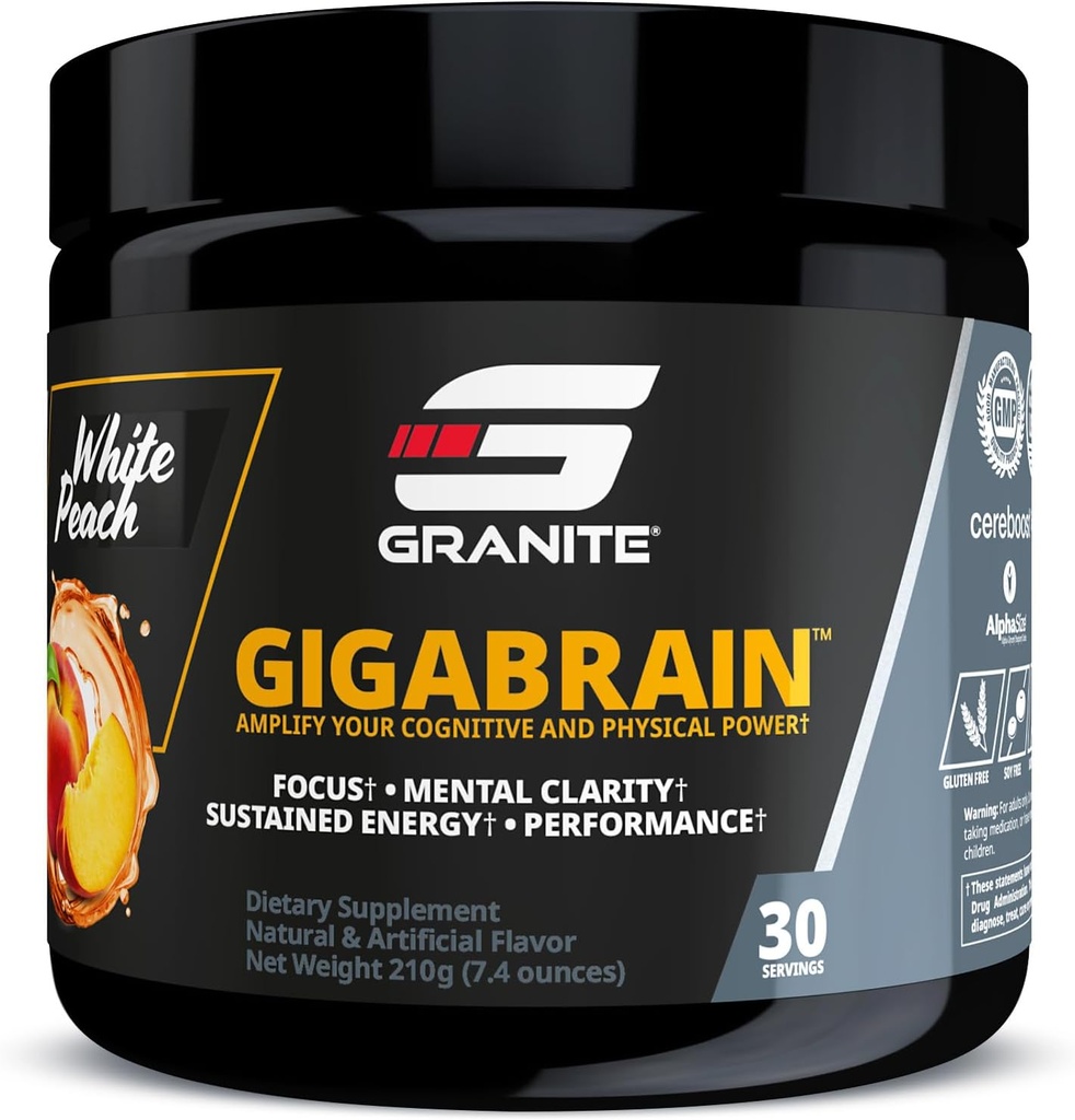 Διατροφή Γρανίτη GigaBrain Nootropic Energy Powder – Cereboost, Alpha-GPC & ElevATP – Γνωστικό συμπλήρωμα εστίασης για διαρκή ενέργεια και απόδοση – Λευκό Ροδάκινο, 30 εξυπηρετήσεις