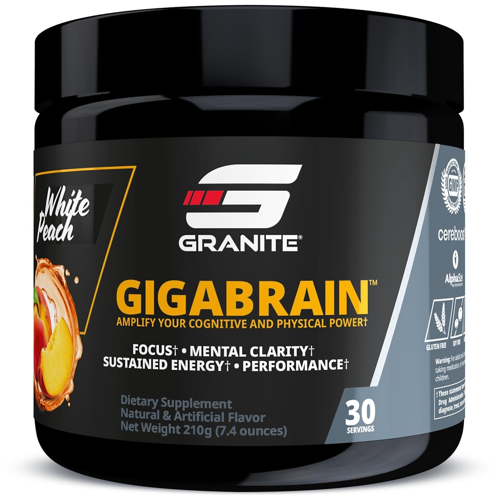 Granite Nutrition GigaBrain Nootropic Energy Powder – Cereboost, Alpha-GPC & ElevATP – Cognitive Focus Supplement for Sustained Energy & Performance – White Peach, 30 Servings