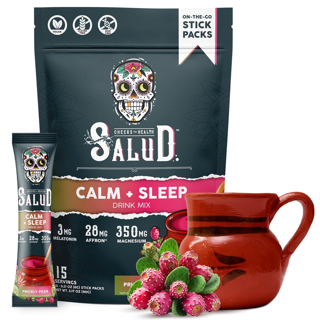 Salud 2-in-1 Sleep Aid + Calm Drink Mix, Prickly Pear Flavor, Melatonin, Magnesium, Saffron Extract, L-Θεανίνη, Μη-GMO, Χωρίς γλουτένη, Vegan, Χαμηλή θερμίδα, 1g Ζάχαρη (15 Σερβίρισμα)