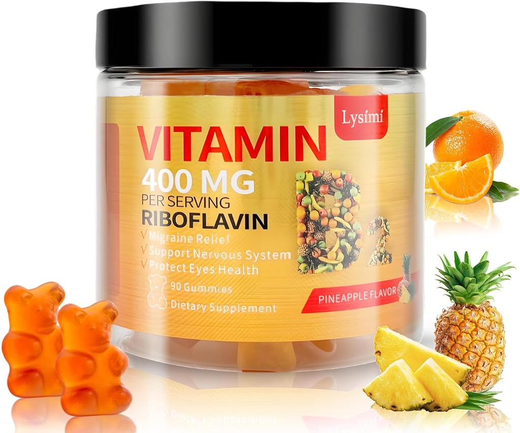 Βιταμίνη B2 Gummies, Βιταμίνη B2 Riboflavin Gummies 400mg με Μαγνήσιο & Coq10, Ημικρανία Ανακούφιση & Κεφαλαλγία Ανακούφιση, για Παιδιά & Ενήλικες, 90 Μασώμενα Gummies (1)