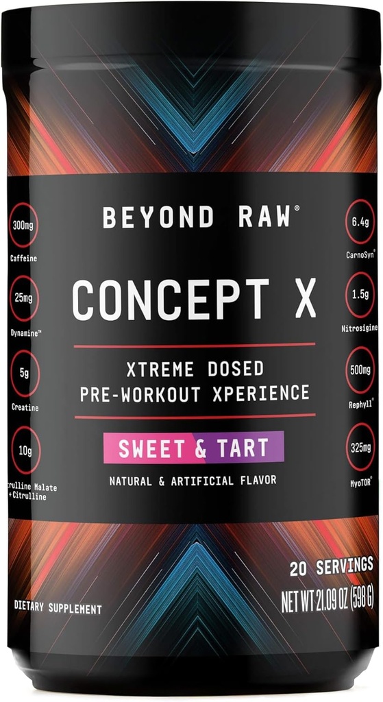 BEYOND RAW Concept X, Clinically Dosed Pre-Workout Powder, Περιέχει καφεΐνη, L-Citrulline, Creatine, και Beta-Alanine, Γλυκό & Ταρτ Γεύση, 20 υπηρεσίες