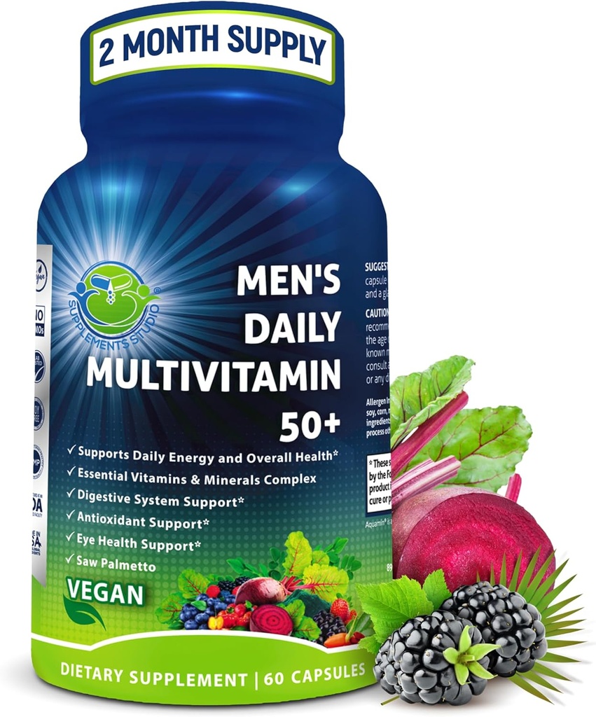 Men's Daily Multivitamin 50 Plus - Vegan Methylated Multivitamin for Men 50 and Over - Saw Palmetto, Biotin, Organic Superfoods, Lutein - Eye, Energy, Gut, Health Support - Easy to Swallow Capsules