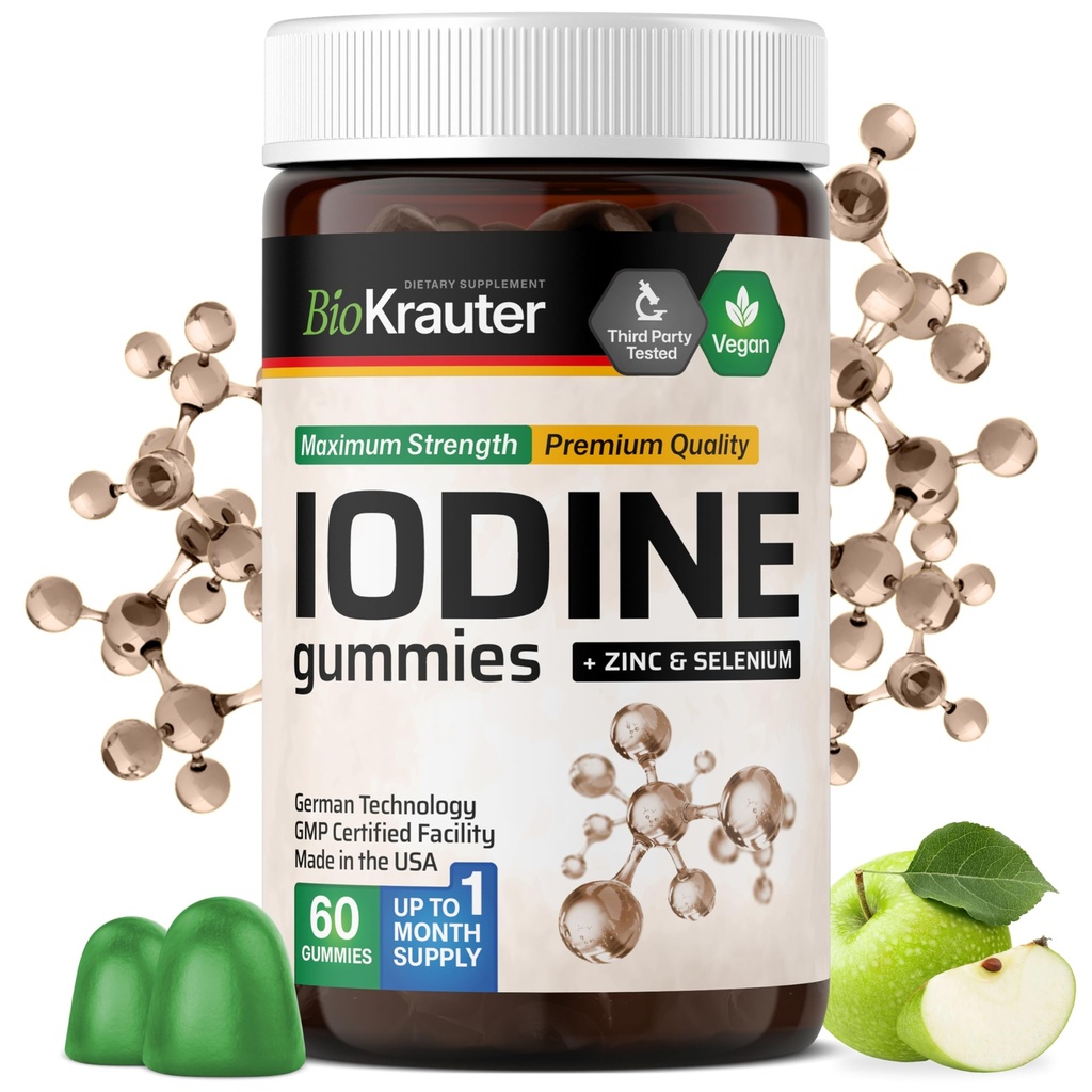 BIO KRAUTER Iodine Gummies - 60 Vegan Chews - 250 mcg Ιωδιούχο κάλιο - Συμπλήρωμα ιωδίου με Selenium Zink - Apple Flavor, Chews με βάση το πεκτίνη