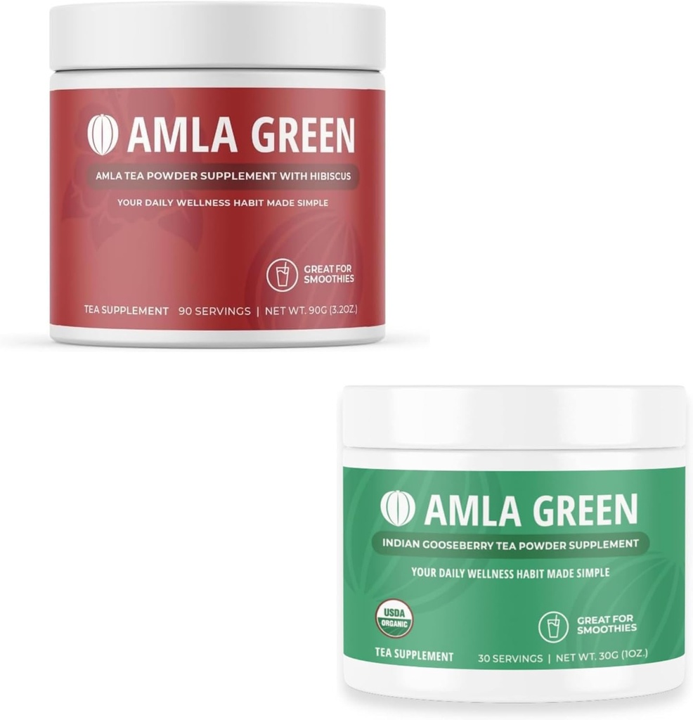 Amla σκόνη & πράσινο τσάι Superfood συμπλήρωμα, αντιοξειδωτική υποστήριξη, Φτιαγμένο με ιβίσκο (90 εξυπηρετούν) & ινδική φραγκοστάφυλα (30 εξυπηρετούν), οργανικά, Vegan