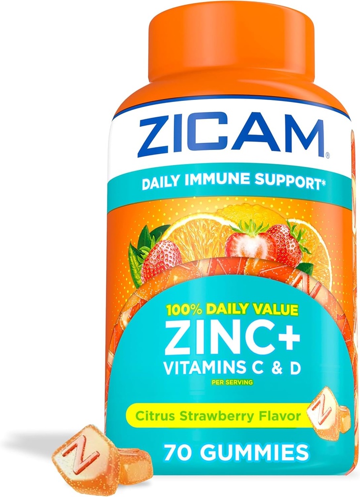 Zicam καθημερινή ανοσοποιητική υποστήριξη, συμπλήρωμα κοιλιάς, ψευδάργυρος, βιταμίνη C και βιταμίνη D, Citrus Φράουλα Γεύση, 70 κόμης