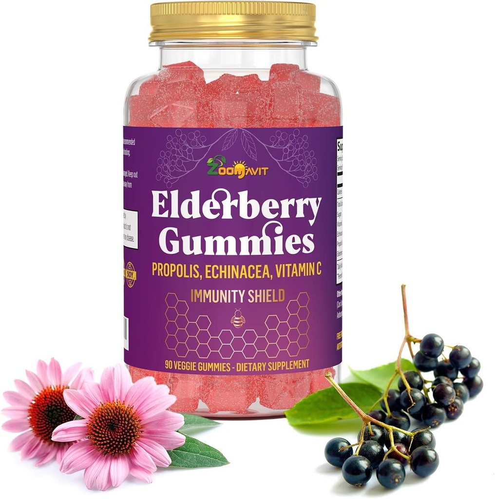 Elderberry Gummies with Vitamin C, Echinacea, Propolis - Immune Support Gummy for Kids, Adults - Sambucus Black Elderberry Extract Immunity Booster (90 Count)