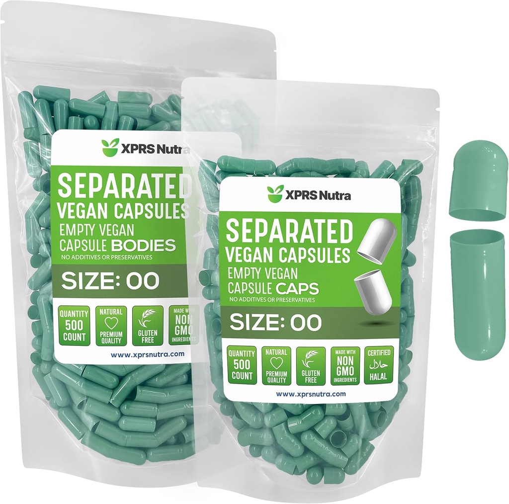 XPRS Nutra Vegan Μέγεθος 00 Χωριστές κάψουλες - 500 Count Premium Κενές κάψουλες χωρίζονται σε τσάντες - 00 Χάπια Κενά για συμπλήρωμα DIY πλήρωσης (Πράσινο φασκόμηλο)