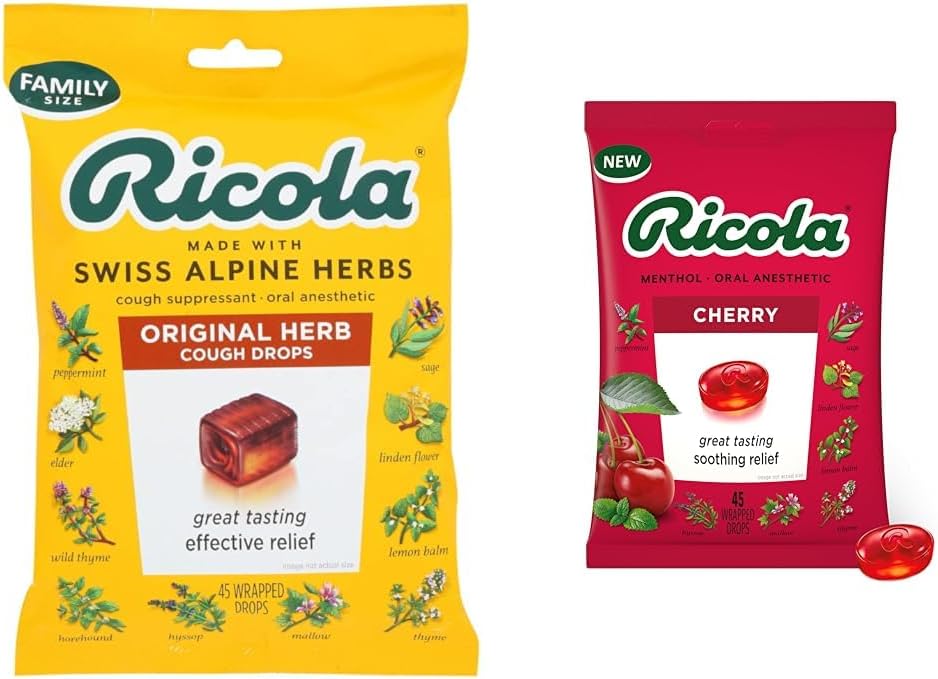 Ricola Original Φυσικό Βότανο Βήχας Καταπραϋντικό Λαρύγγι σταγόνες, 45 σταγόνες, Καταπολέμηση του Βήχα Φυσικά, Καταπραΰνει Λαρύγγια, Φυσικά Καταπραϋντικό Ανακούφιση & Cherry Λαρύγγι σταγόνες, 45 κόμης