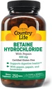 Country Life Betaine Hydrochloride with pepsin 600 mg - 250 Tablets