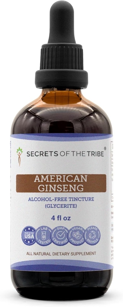 Μυστικά της φυλής American Ginseng Βάμμα Αλκοόλ-ελεύθερο, Farm Grown American Ginseng (Panax Quinquefolius) Αποξηραμένη απόχρωση ρίζα συμπλήρωμα (4 FL OZ)