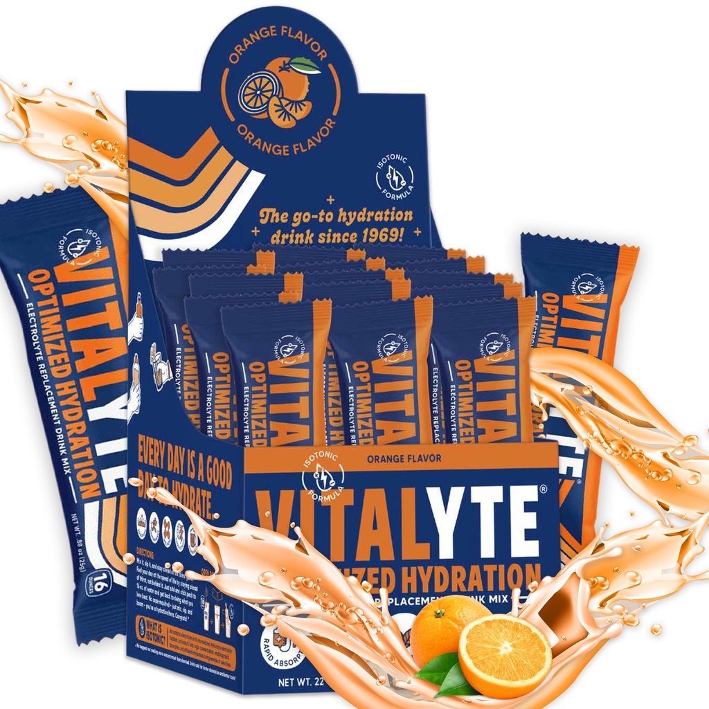 Vitalyte Electrolyte Powder Packets - Isotonic Clean Electrolyte Hydration Drink Mix - Single Serve Rehydration Packets with No Artificial Colors, Flavors or Sweeteners (Orange, Pack of 25)