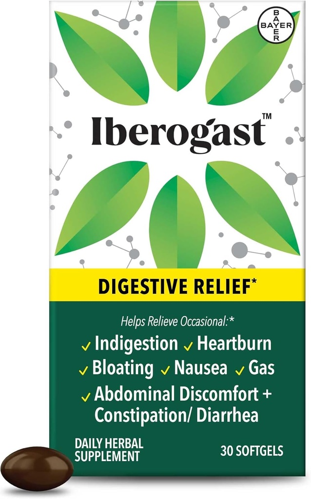 Iberogast Softgels, Herbal Relief of Stomach Upsets: Περιστασιακή δυσπεψία, Bloating, Gas, Nausea, Upset Stomach; 6-Herb Blend with Iberis Amara, Peppermint, Licorice, Lemon Balm; 30ct
