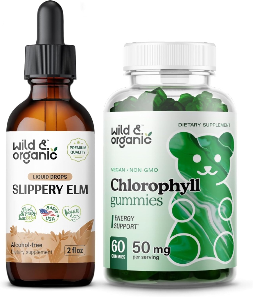 Άγρια & οργανικά Slippery Elm Βάμμα 2 fl oz & Chlorophyl Gummies 60 μάσημα