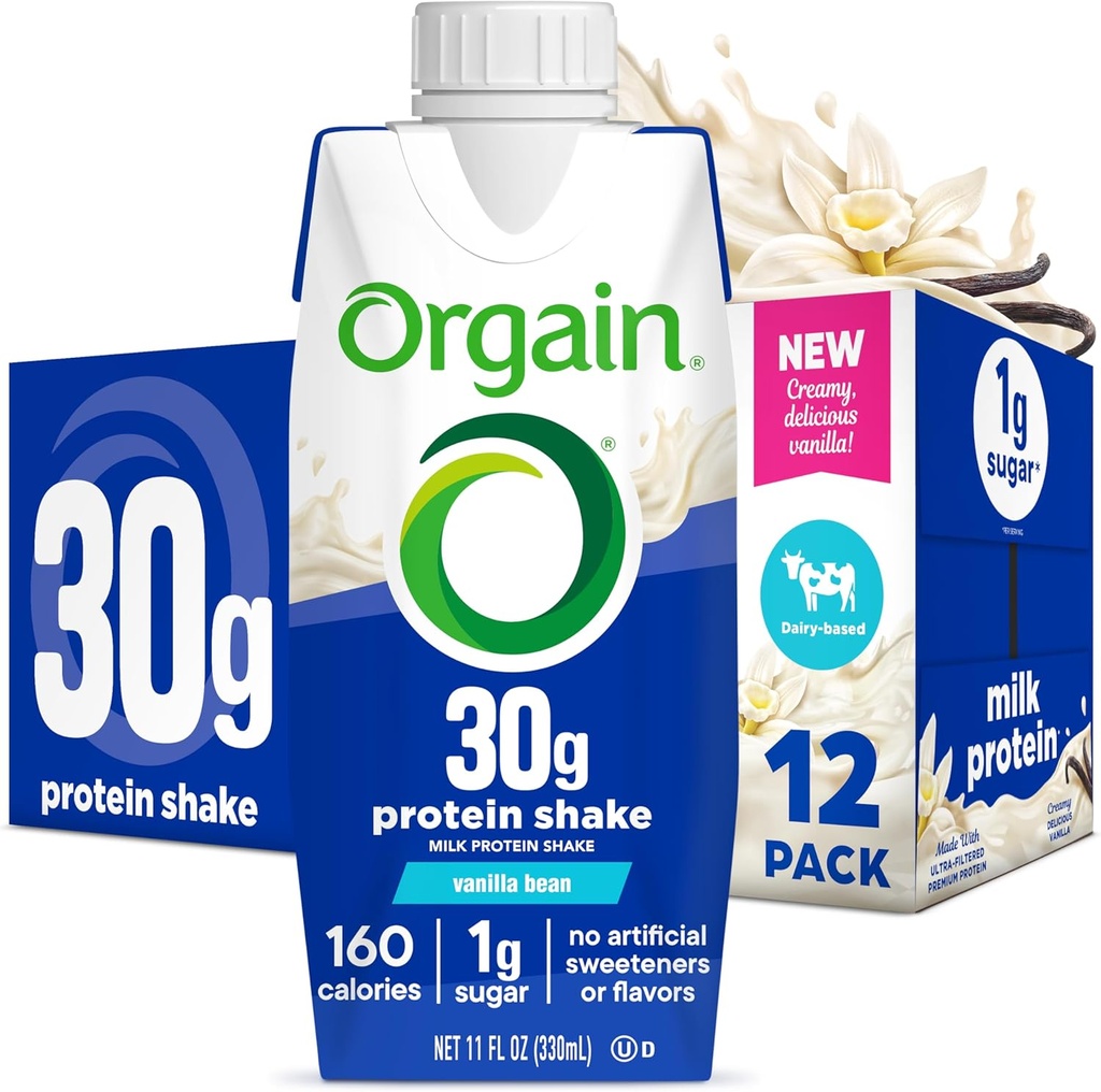 Orgain 30g υψηλή πρωτεΐνη Shake, Γαλακτοκομική απομονωμένη πρωτεΐνη γάλακτος, Vanilla Bean, 5g BCAAs, 1g ζάχαρη ανά υπηρεσία, αντικατάσταση γεύματος, έτοιμη για ποτό, Κετοφιλική, χωρίς γλουτένη 11 Fl Oz (πακέτο των 12)