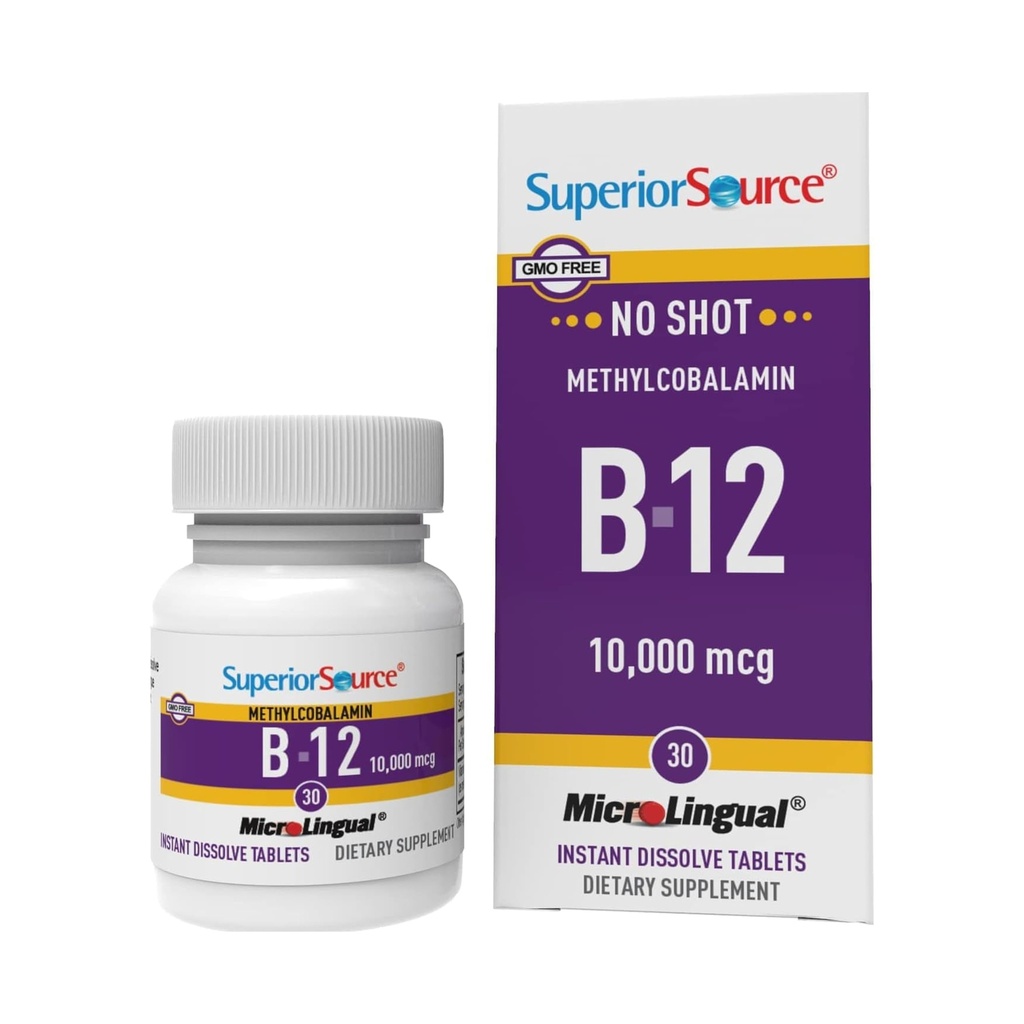 Superior Source No Shot Methylcobalamin B-12 10000 mcg - Βιταμίνη B-12 για την υποστήριξη της παραγωγής ενέργειας, της υγείας του εγκεφάλου και της γενικής ευεξίας - Υπογλώσσια δισκία για γρήγορη απορρόφηση - 30 δισκία διάλυσης