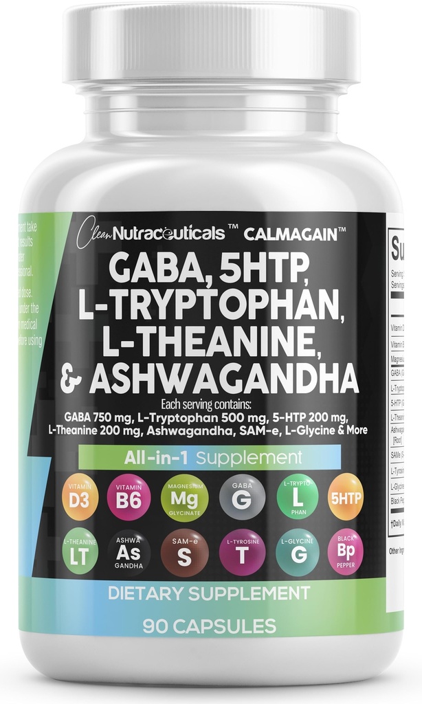 Καθαρά θρεπτικά συστατικά GABA 750mg 5 HTP 200mg L Tryptophan 500mg L Theanine 200mg Ashwagandha SAM-e L-Glycine - Βιταμίνες στήριξης Mood για γυναίκες και άνδρες με L-Tyrosine 5-HTP (5-υδροξυτρυπτοφάνη)