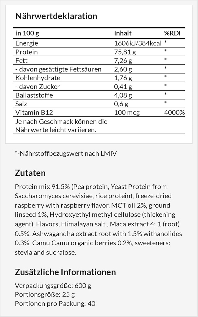 APOLLO'S HEGEMONY Vegan Protein 600g: Πρωτεΐνη με βάση τα φυτά με πήλαια, ρύζι και μαγιά - Πλούσια σε Αμινοξέα - 24 μερίδες - Vegan και ζάχαρη Δωρεάν συμπλήρωμα - Λευκή σοκολάτα με άρωμα σμέουρων