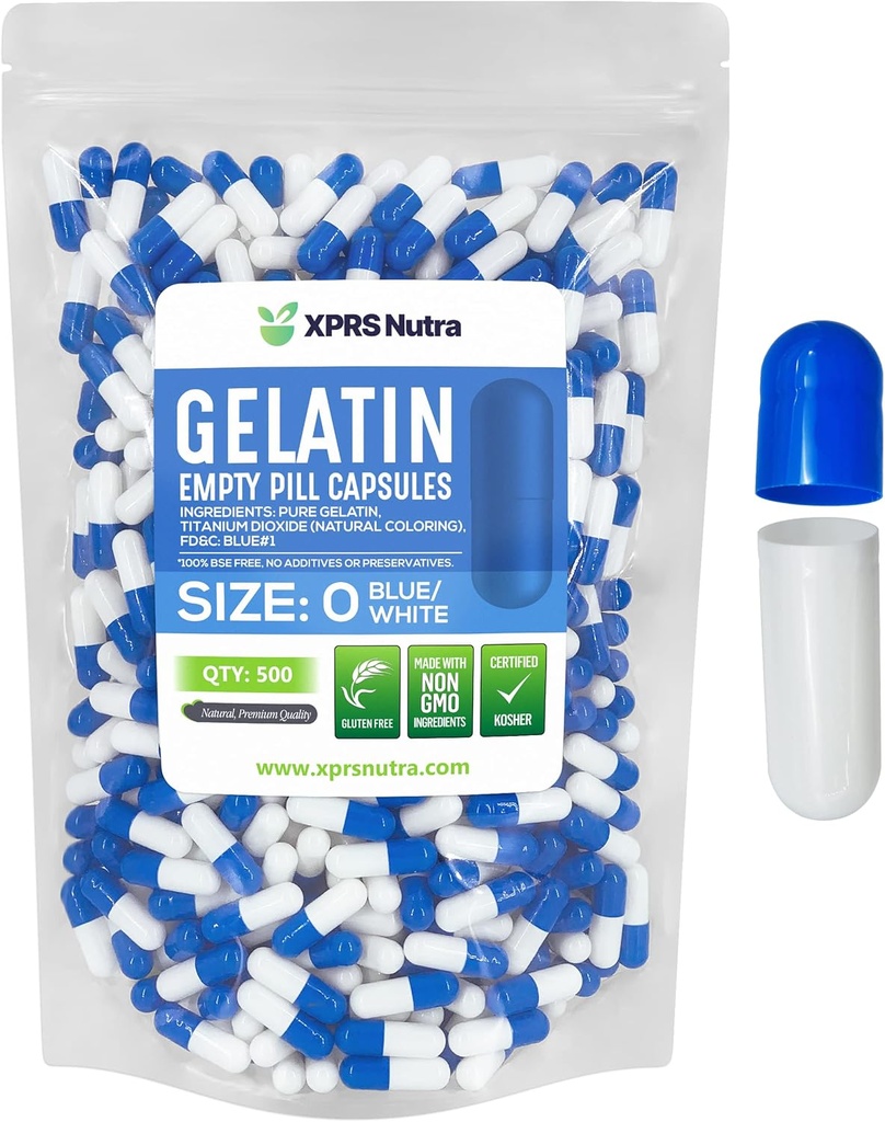 XPRS Nutra Μέγεθος 0 Κενές κάψουλες - 500 Count Empty Gelatin Κάψουλες - Χάπια DIY Καψάκιο Γέμισμα - Pure Bovine Pill Gel Caps for Do-It-Yourself Συμπληρώματα (Blue/White)