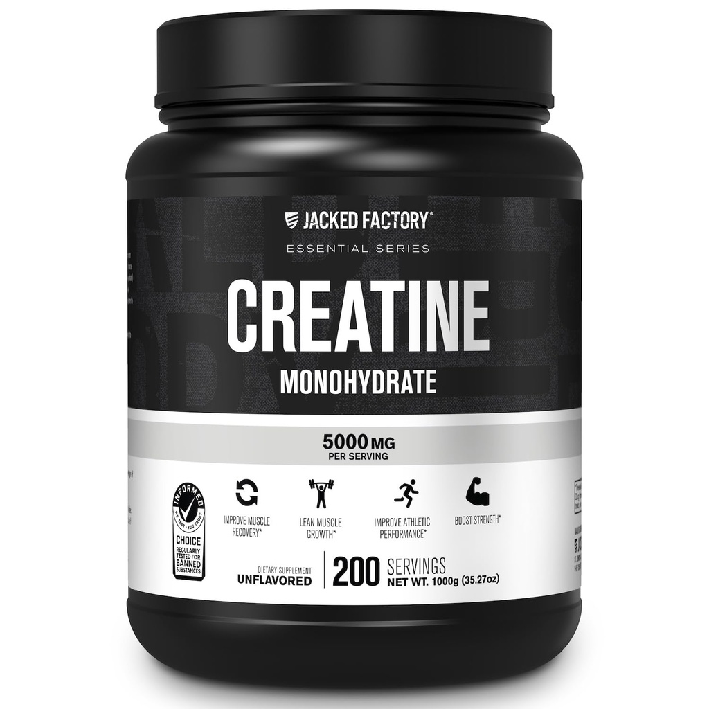 Jacked Factory Creatine Monohydrate Powder 1000g - 5g Daily Creatine Supplement for Men and Women, Vegan-Friendly, Third-Party Tested - 200 Υπηρεσίες, Χωρίς άρωμα