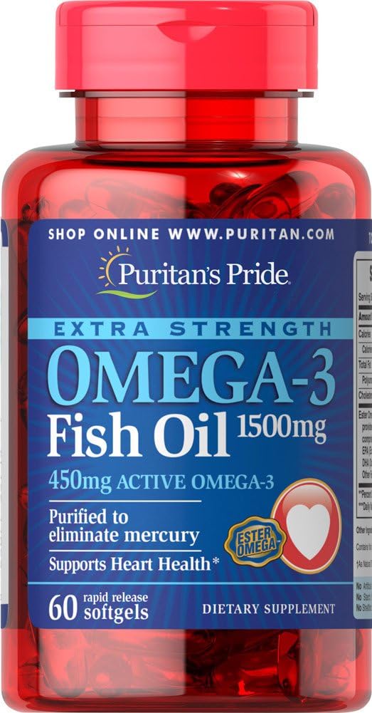 Puritans Pride Extra Strength Omega-3 Fish Oil 1500 Mg 450 Mg Active Omega-3 Softgels, 60 Count