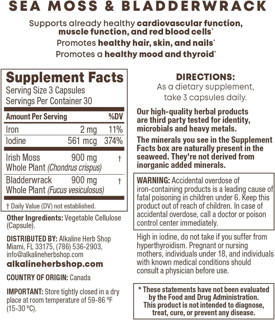 Alkaline Herb Shop Sea Moss and Bladderwrack Supplement 90 Capsules