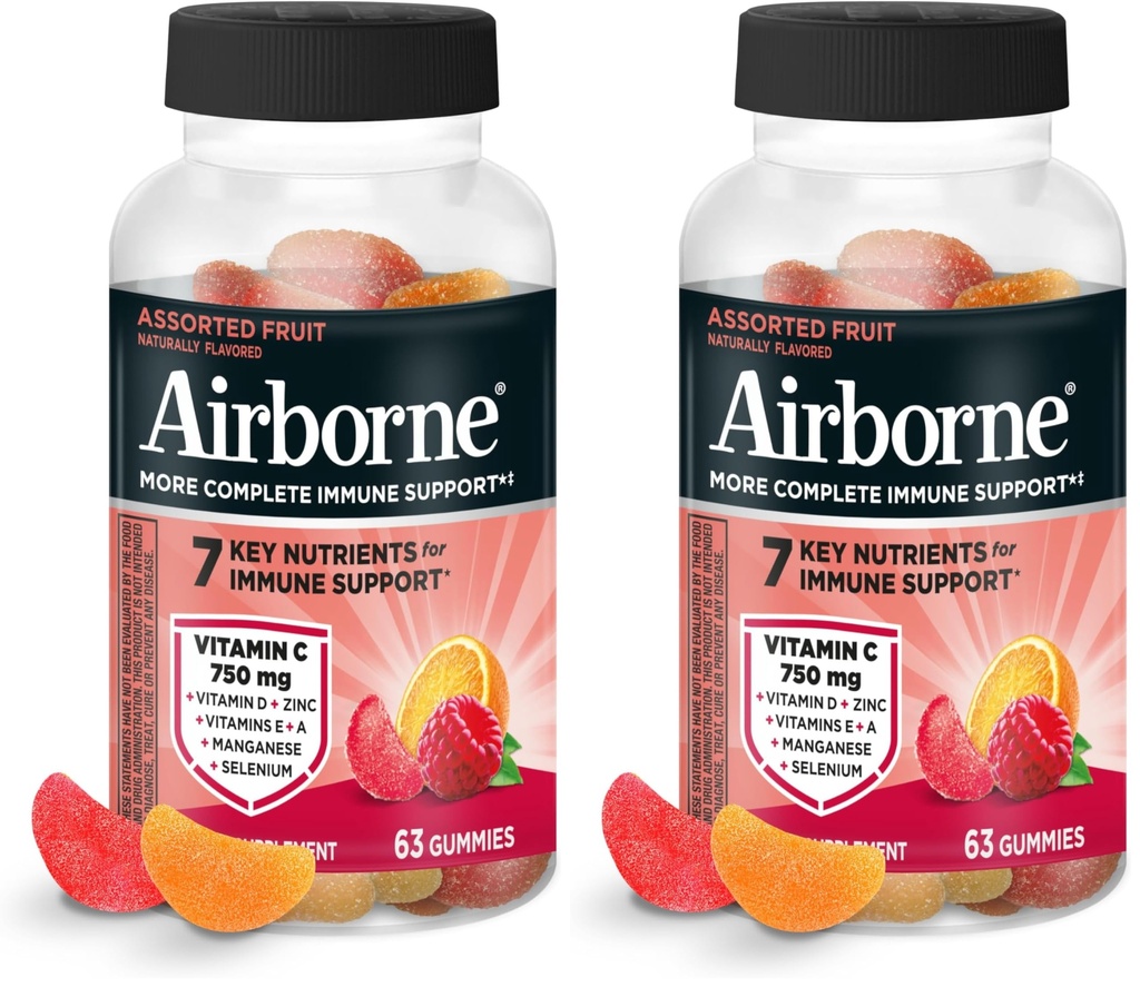 Airborne Vitamin C 750mg (ανά Σερβίρισμα) - Ποικιλόμορφες Τσίχλες Φρούτων (63 Count in a Bottle), Συμπλήρωμα Ανοσολογικής Υποστήριξης Χωρίς Γλουτένη με Βιταμίνες C E, Σελήνιο (Pack of 2)