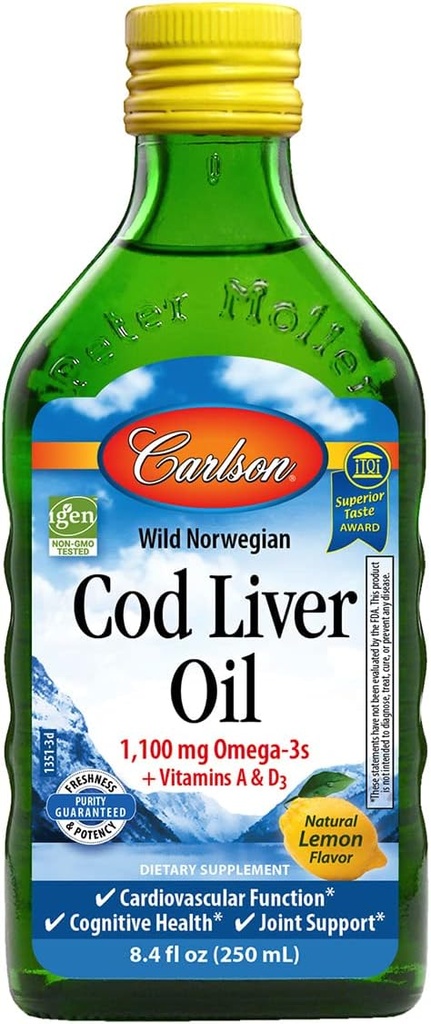 Carlson - Cod Liver Oil, 1100 mg Omega-3s, Liquid Fish Oil Supplement, Wild-Caught Norwegian Arctic, Sustainably Sourced Nordic Liquid, Lemon, 250 ml