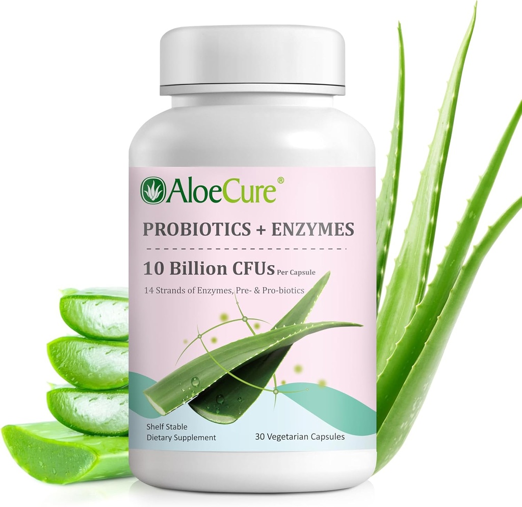 AloeCure Daily Probiotics 10 Billion CFU for Digestive Support 8 Strains, 6 Prebiotics & Enzymes - Digestive Supplement with Bromelain for Women & Men - Gut Support, Digestive Relief, 30 Caps