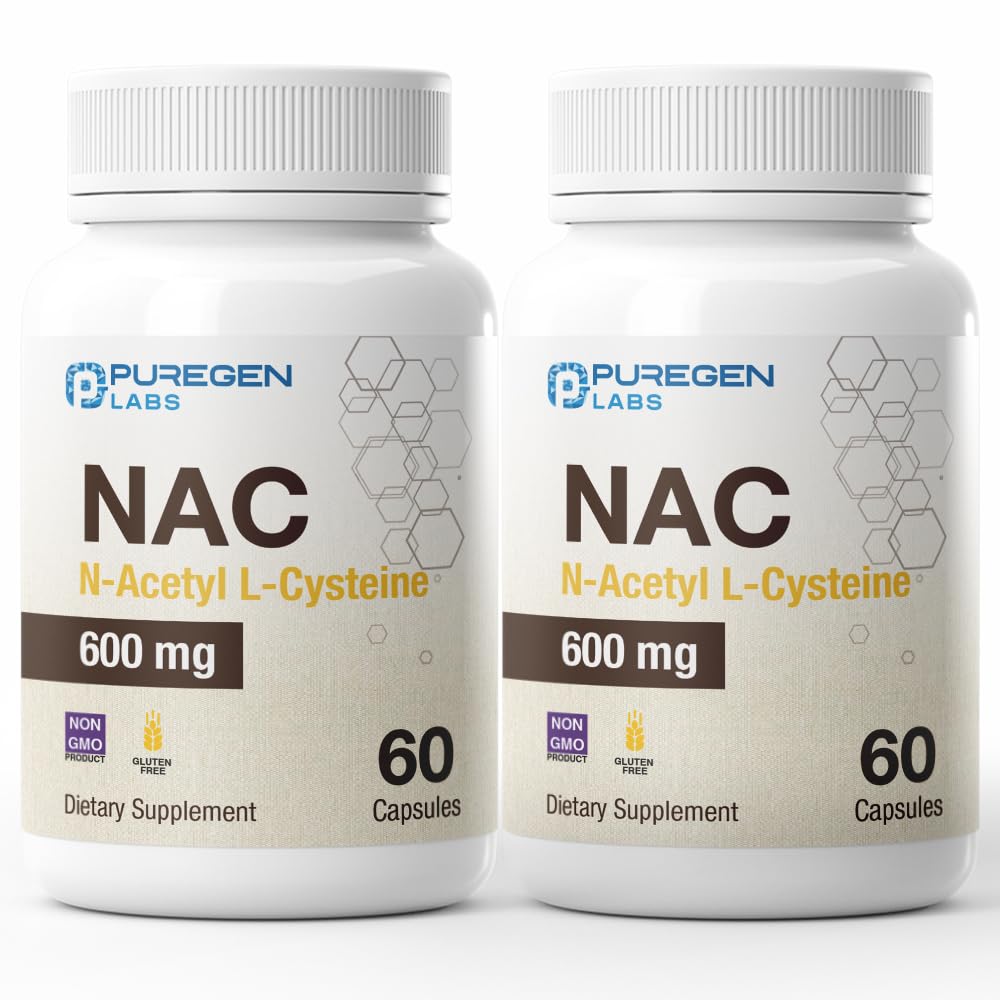 Puregen Labs N-Acetyl-L-Cysteine (NAC) 600mg, Υποστηρίζει το ανοσοποιητικό, αναπνευστικό, ηπατική υγεία, NAC 600 mg, ισχυρή αντιοξειδωτική υποστήριξη, Free-radicals, Easy to Absorb - Σύνολο κάψουλες 120 Veggie