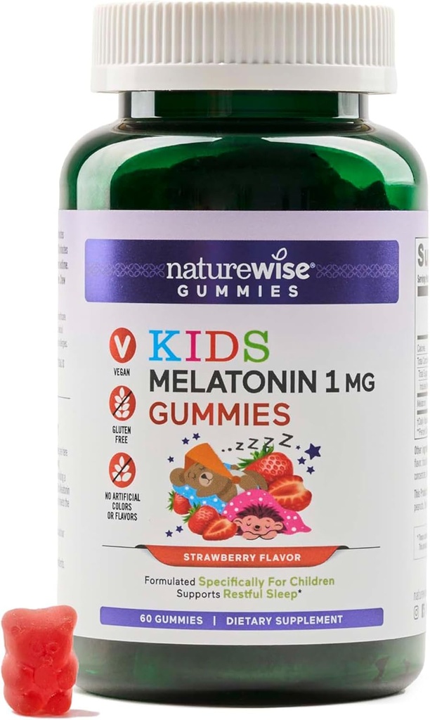 Naturewise Kids Melatonin Gummies 1 mg - Drug-Free, Non-Habit Forming Sleep Aid for Children Ages 4 & Up - Strawberry Flavored Gummy Bears - Vegan, Gluten Free, Non-GMO - 60 Count[2-Month Supply]