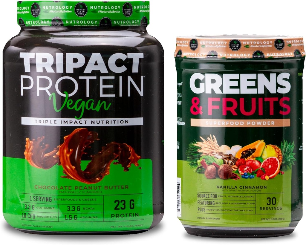 Nutrology Πράσινα & Φρούτα Σκόνη-Φυσικά πηγμένο Superfood, Βανίλια Κανέλα (30 εξυπηρετούν) TRIPACT Vegan πρωτεΐνη σκόνη, σοκολάτα φυστικοβούτυρο (20 εξυπηρετούν)