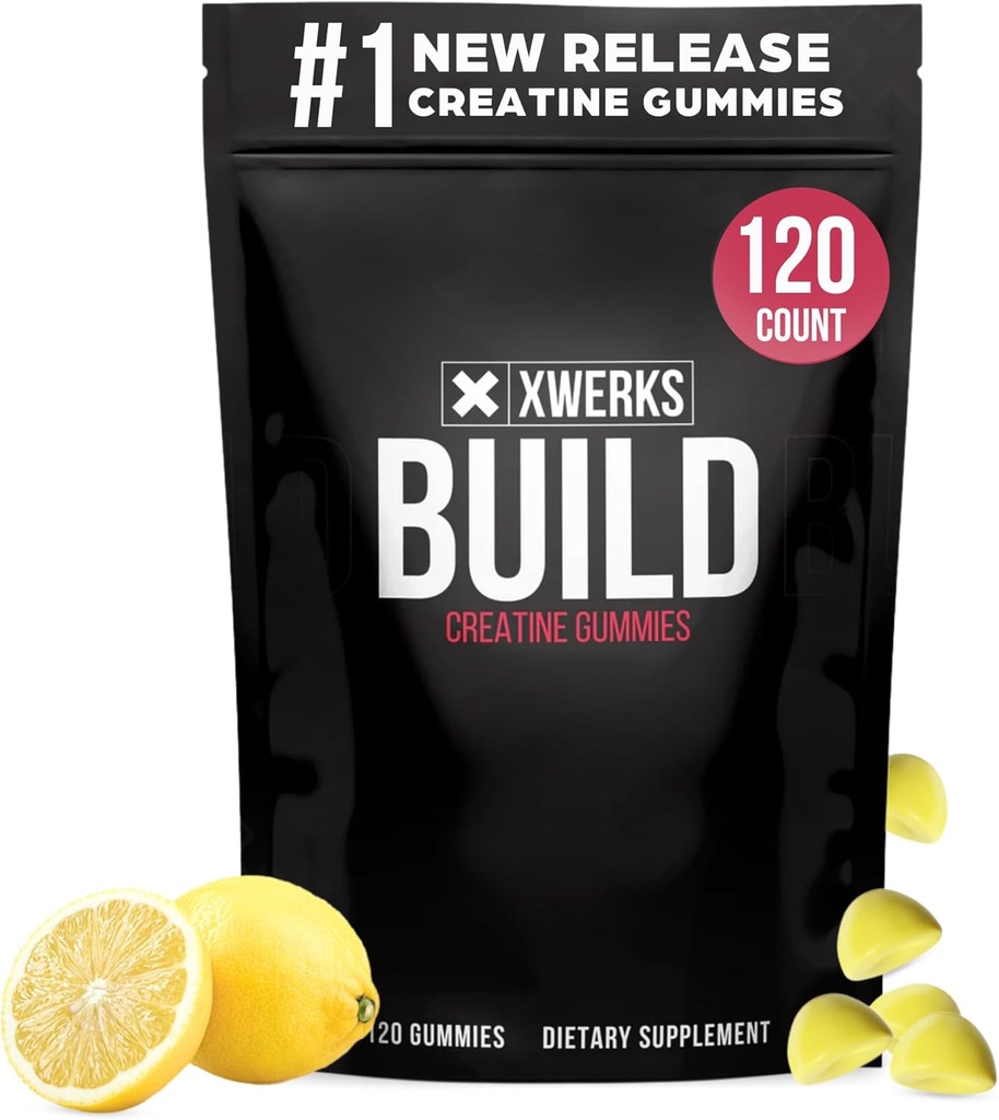 Xwerks Build Creatine Gummies για άνδρες και γυναίκες, 120 Count, 100% καθαρό Monohydrate Creatine, Lemon Flavored Mucle Building Gummies 4g Per Serving, Pre Educate Anti Liting, 5000mg συνολική κρεατίνη